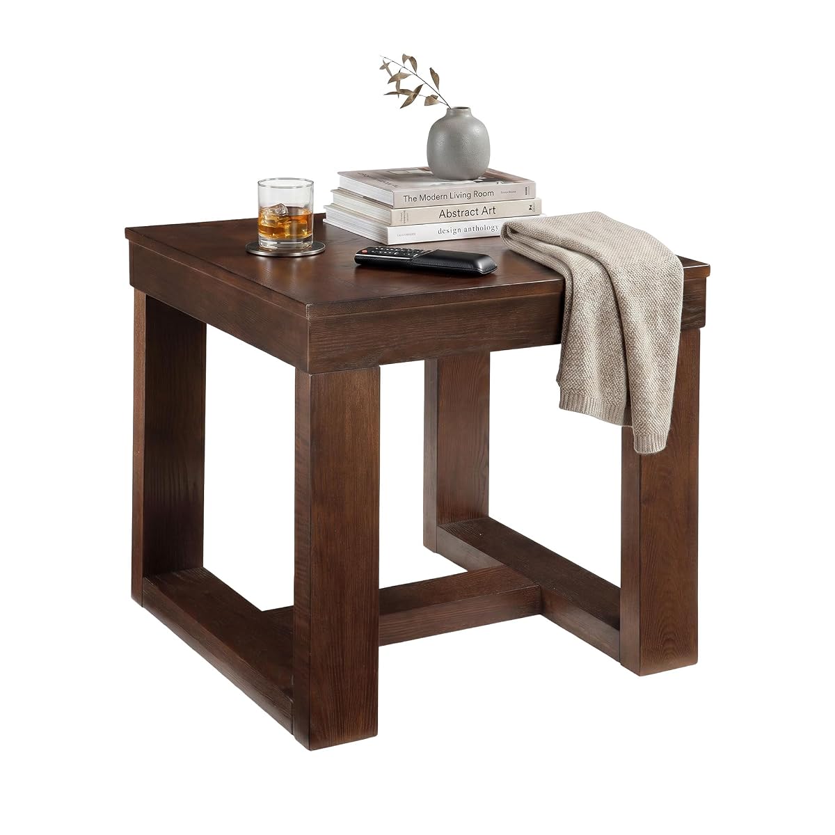 Signature Design by Ashley Watson End Table, Classic Oversized 24 Inch Square Side Table, Made of Veneers, Wood and Engineered Wood, Distressed Mid-Century Sled Base, Dark Brown