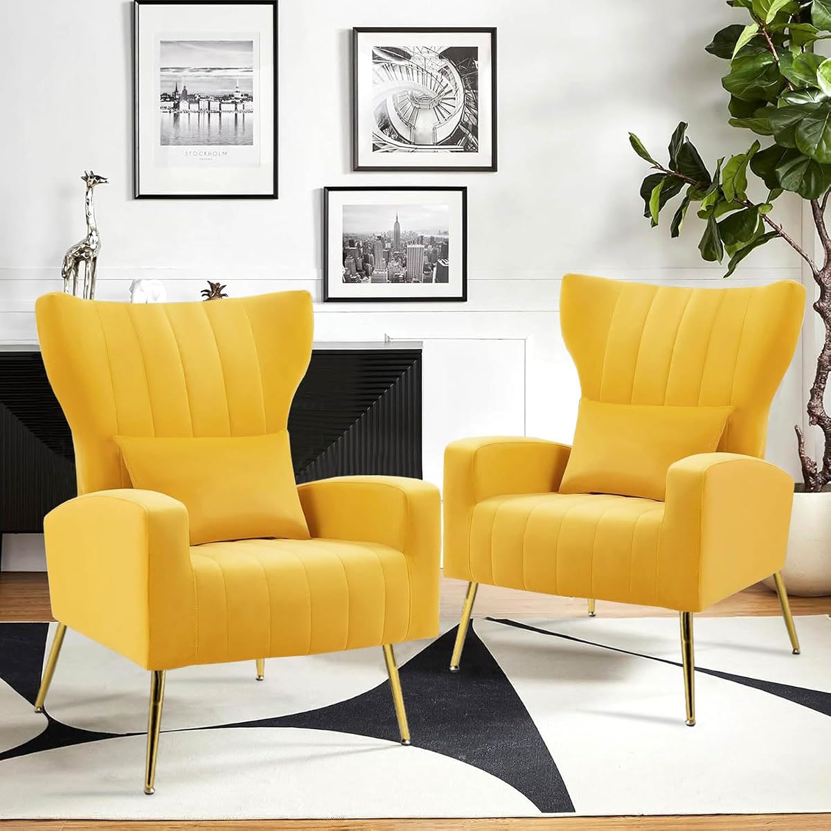 Modern Accent Chairs Set of 2, Wingback Chair with Arm & Gold Legs, Living Room Bedroom Side Chair with Lumbar Pillow, Velvet Upholstered, Channel Tufted, Yellow