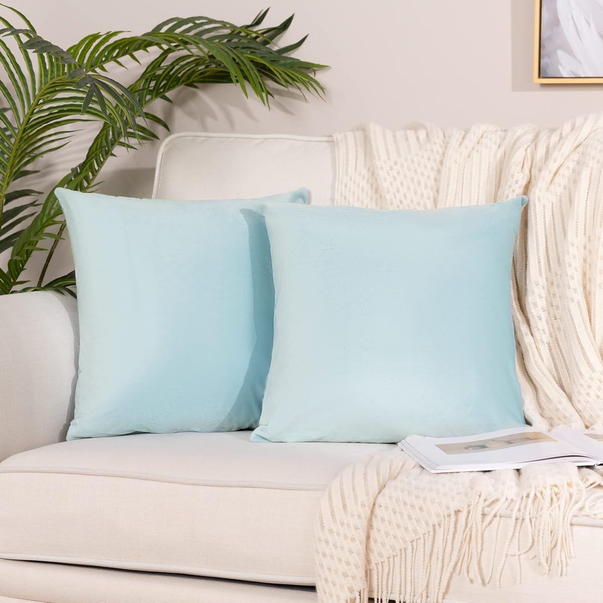 Powder Blue Velvet Throw Pillow Covers 24x24 inch, Decorative Solid Soft Cushion Cases for Couch Sofa Bed, Pack of 2