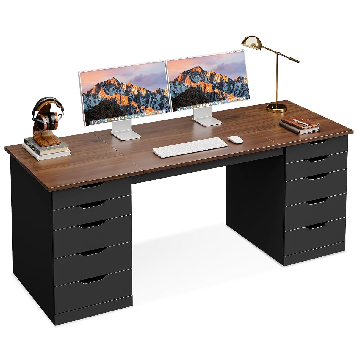 55 Inch Computer Desk with 10 Wooden Drawers