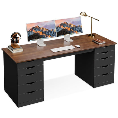55 Inch Computer Desk with 10 Wooden Drawers