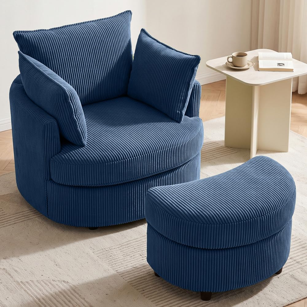 Vanity Accent Chair Swivel Living Room Chairs Curve Back Reading Chair with Armrest, Lounge Chair with Ottoman for Bedroom