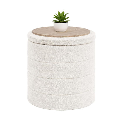Ottoman with Stroage, Round Sherpa Storage Ottoman Stool, Boucle Foot Rest 16.9"x16.9"x17.7"（White