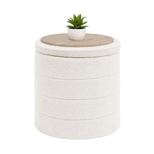 Ottoman with Stroage, Round Sherpa Storage Ottoman Stool, Boucle Foot Rest 16.9"x16.9"x17.7"（White