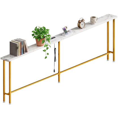 90" Narrow Sofa Table with Outlets (2 AC Outlets & 2 USB Ports), Behind Couch Table with Charging Station, Long Skinny Console Table for Living Room, Entryway and Hallway (White & Gold)