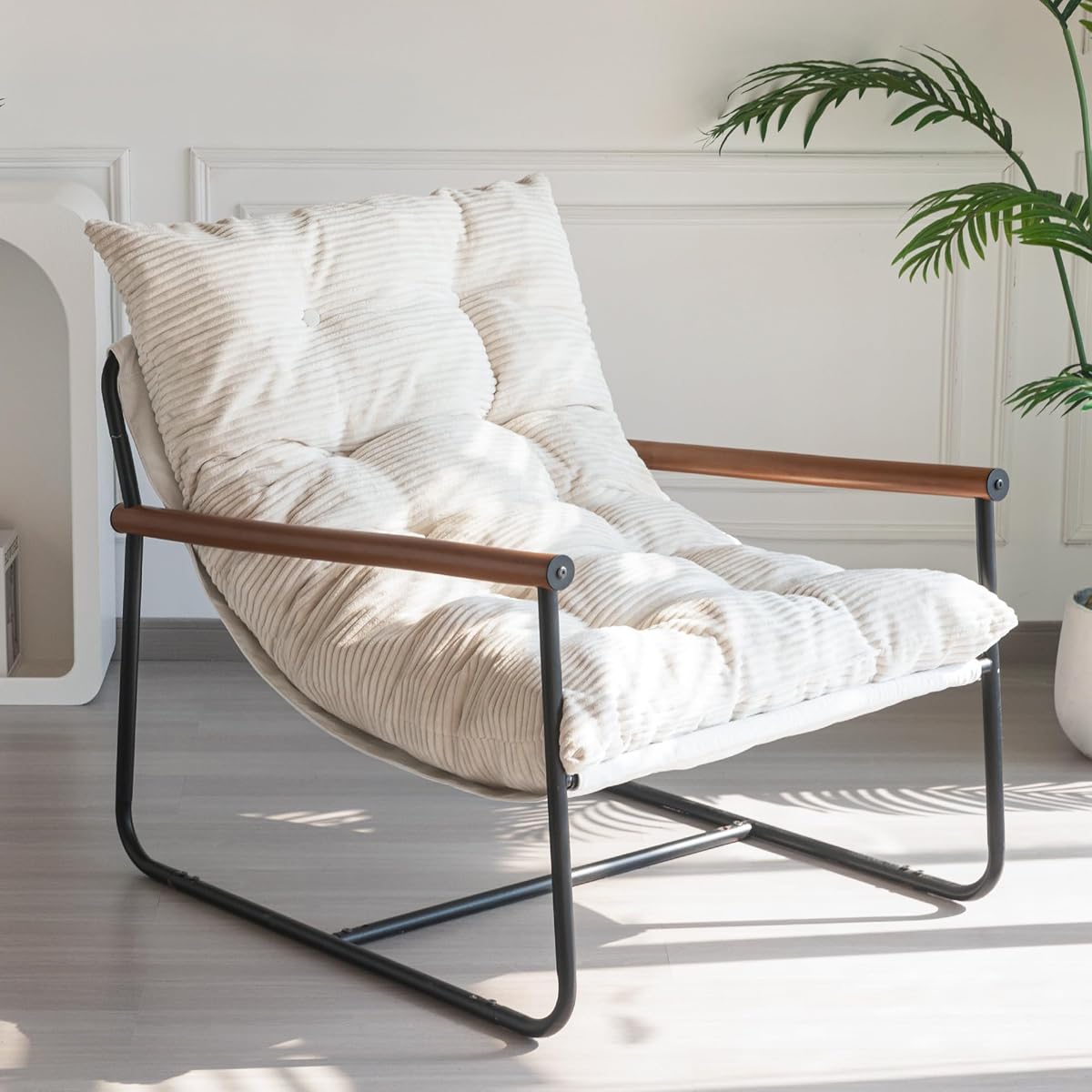 Modern Accent Chair, Comfy Living Room Chair with Metal Frame Wooden Armrest, Upholstered Armchair with Soft Cushion for Bedroom Balcony Lounge Reading Room, Beige