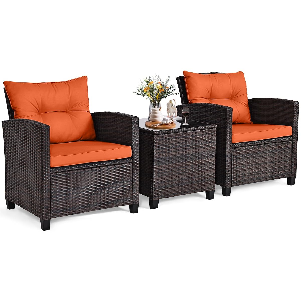 3 Pieces Patio Furniture Set, Outdoor Wicker Conversation Set Rattan Chairs with Cushions, Glass Coffee Table, Bistro Set for Front Porch Balcony Garden Deck Poolside (Orange)