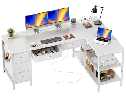 55 Inch L Shaped Desk with Power Outlets, 5 Fabric Drawers