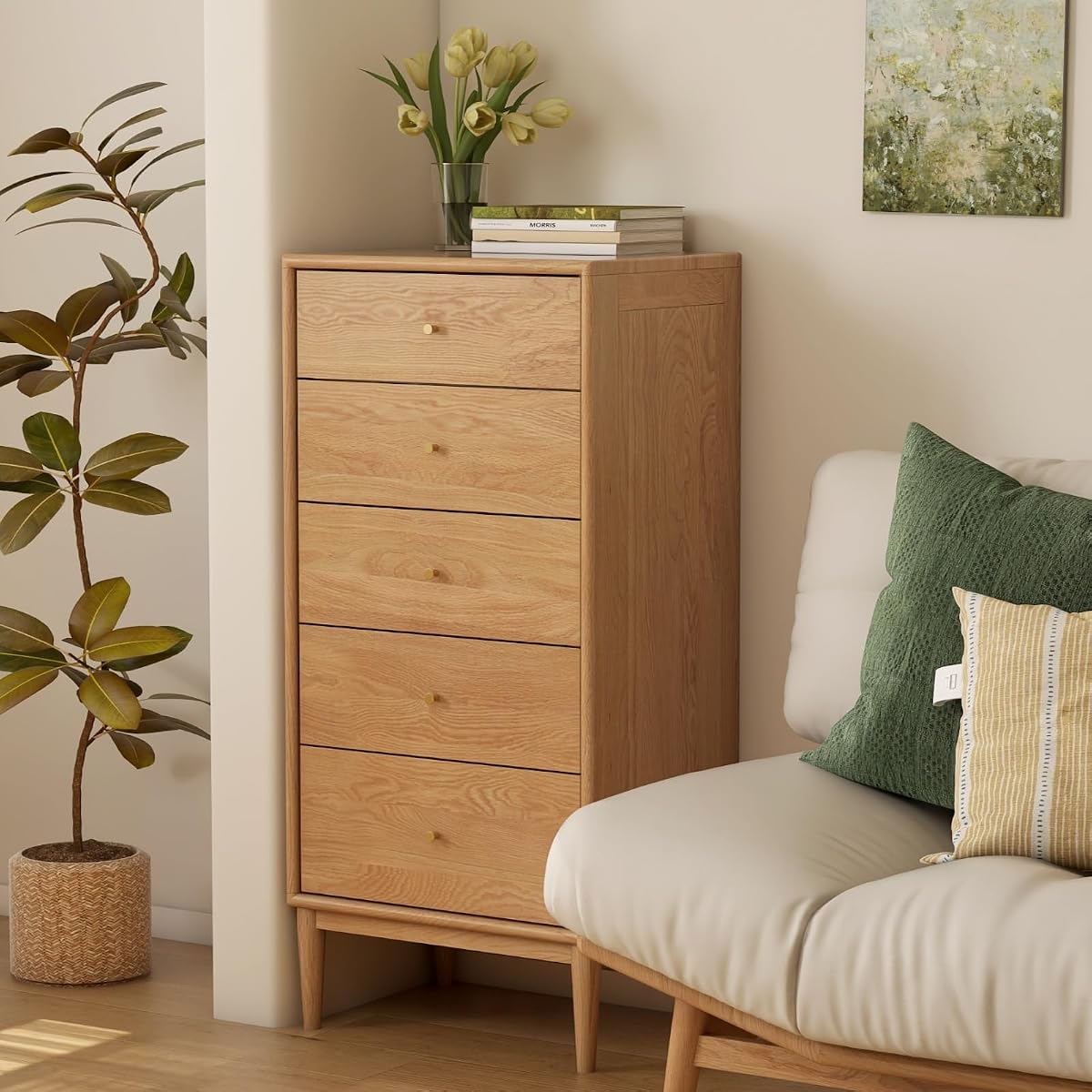 Solid Oak Wood Dresser, 5 Drawer Dresser for Bedroom, Solid Wood Nightstand with Drawers, Modern Chest of Drawers for Living Room, Hallway, Closet, Natural Oak (20" W x 15.75" D x 43.6" H)