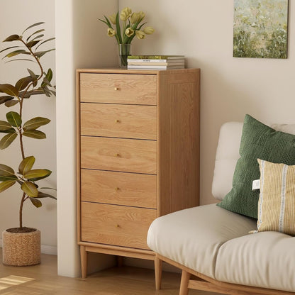 Solid Oak Wood Dresser, 5 Drawer Dresser for Bedroom, Solid Wood Nightstand with Drawers, Modern Chest of Drawers for Living Room, Hallway, Closet, Natural Oak (20" W x 15.75" D x 43.6" H)