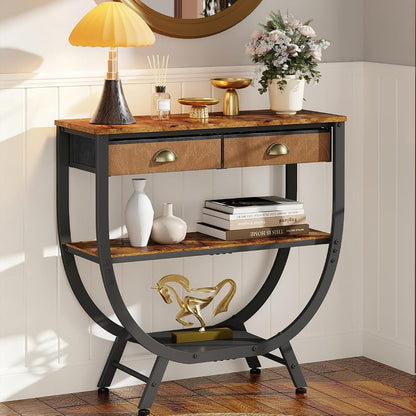 Console Entryway Table with 2 Drawers, 31.5" Height Sofa Table Behind Couch with 3 Tier Storage Shelves，Industrial TV Stand Accent Furniture for Hallway Corner Living Room Bedroom Entry Way Home Decor