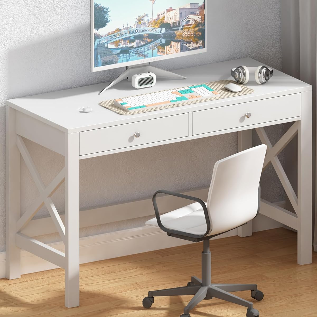 Computer Desk Study for Home Office, Modern Simple 40 Inches Desk with Drawers, Makeup Vanity Console Table, White