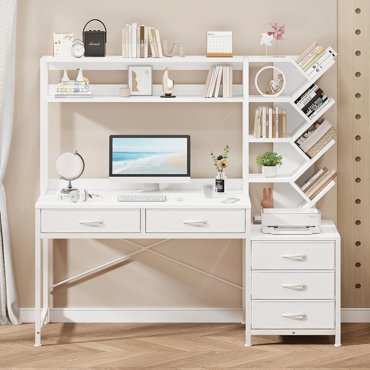 52" Computer Desk with Bookshelf, 5 Drawers ＆ Hutch for Bedroom