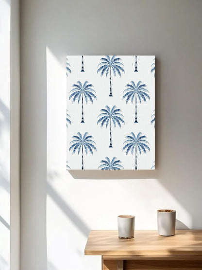 NuYeBiofx Blue Palm Tree Tropical Coastal Canvas Wall Art Prints,48"x32" Framed Picture Artwork Summer Leaves Minimalist Printed Canvas Oil Painting for Living Room Bedroom Office,Ready to Hang