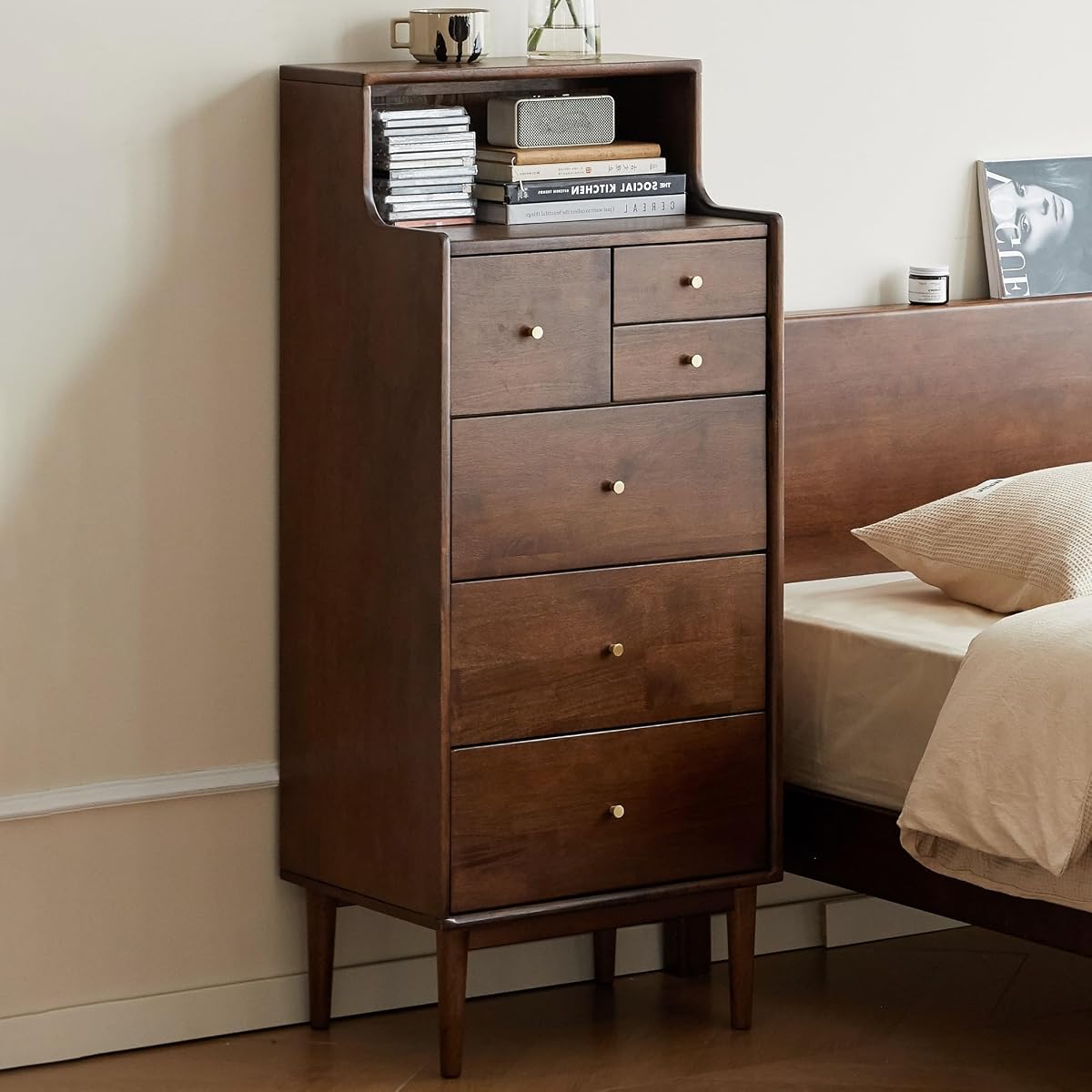 Solid Wood Nightstand, 6 Drawer with Open Shelve
