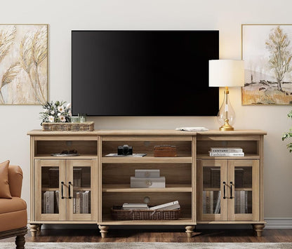 Farmhouse TV Stand for TVs Up to 75 inch, TV Cabinet with Glass Door and Shelf