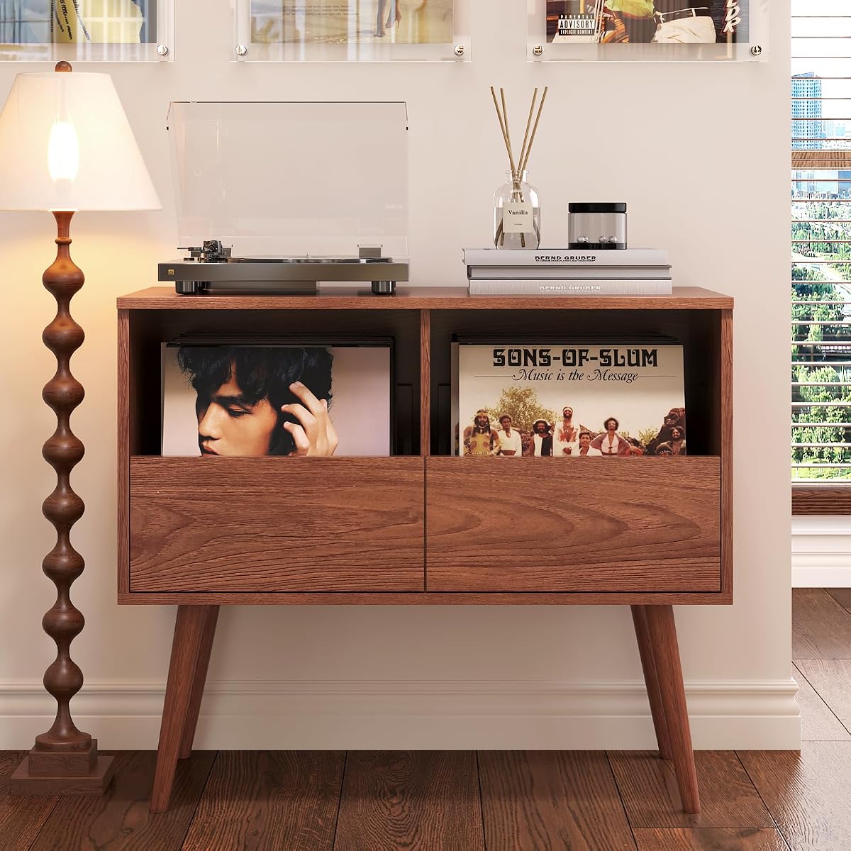 Mid Century Modern Record Player Stand with Vinyl Storage, Brown
