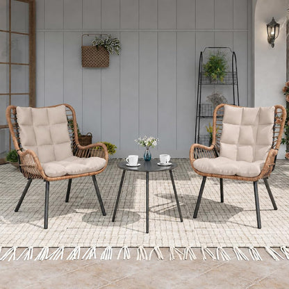 3 Piece Outdoor Bistro Set, Small Patio Furniture Set with Coffee Table and Thick Cushions, Front Porch Furniture for Lawn, Garden, Balcony, Poolside, White