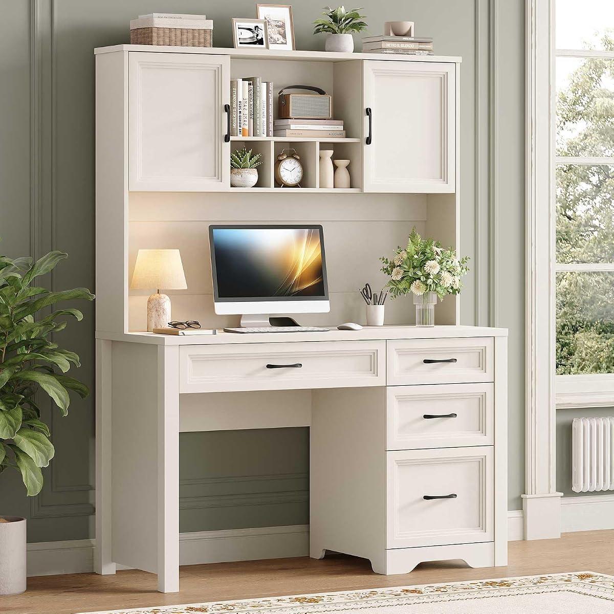 Farmhouse Desk with Hutch, Executive Desk with Storage Cabinet