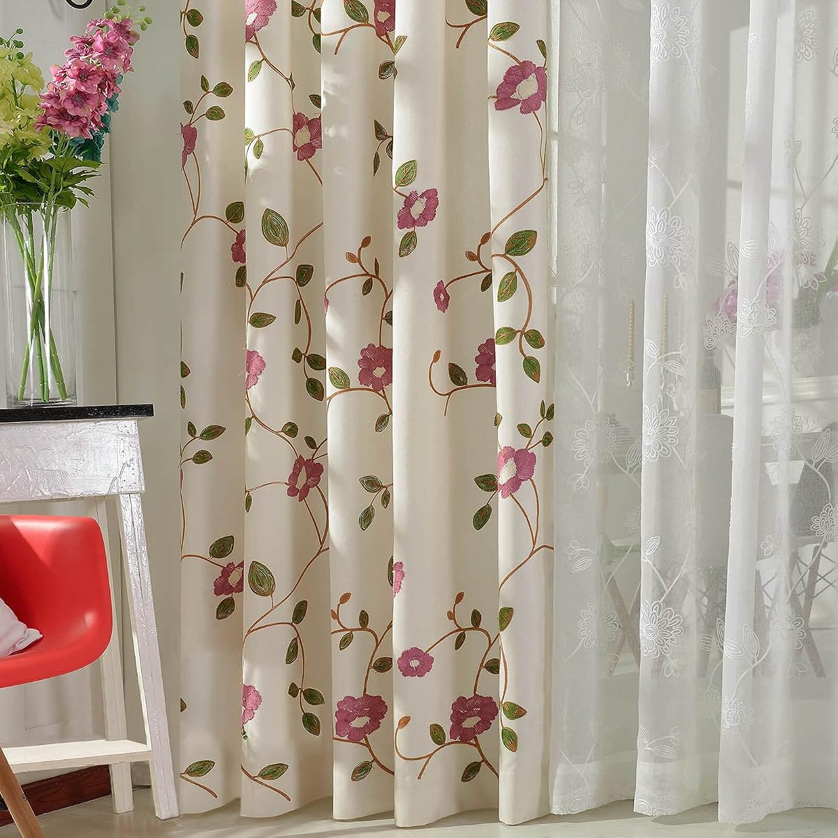 Grommet Curtains 84 Inch Length Red Floral Embroidered Elegant Window Drapes for Living Room Bedroom, W52xL84, 2 Panels