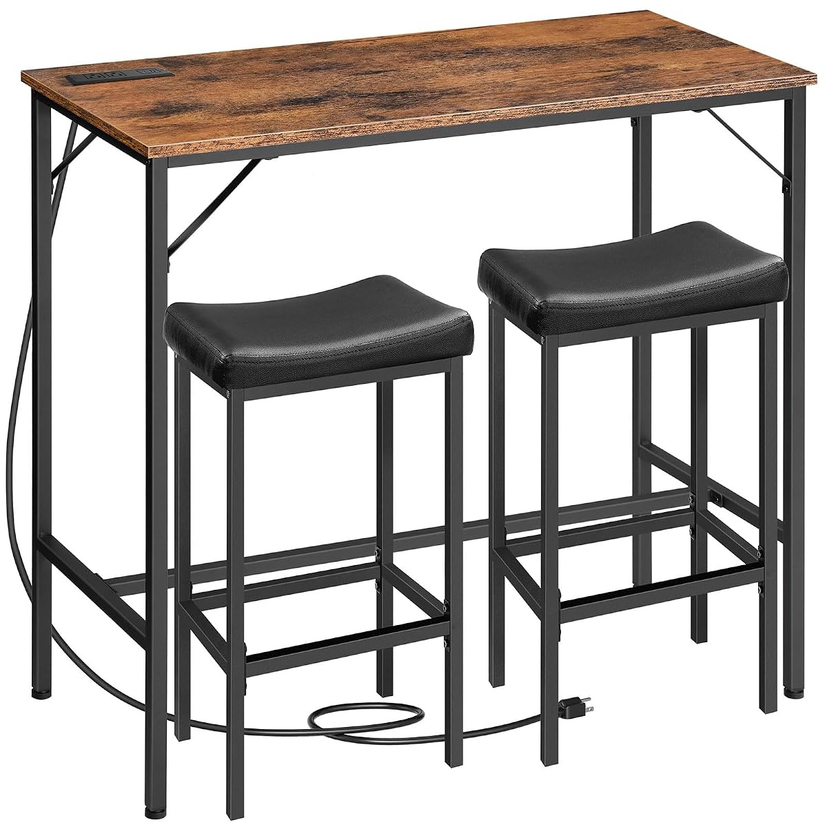 3-Piece Bar Table and Chairs Set, 39.4" Pub Table, High Top Bar Table with Charging Station, 3-Piece Dining Table Kitchen Breakfast Table Set, for Kitchen, Small Space, Rustic Brown BF10UBT01