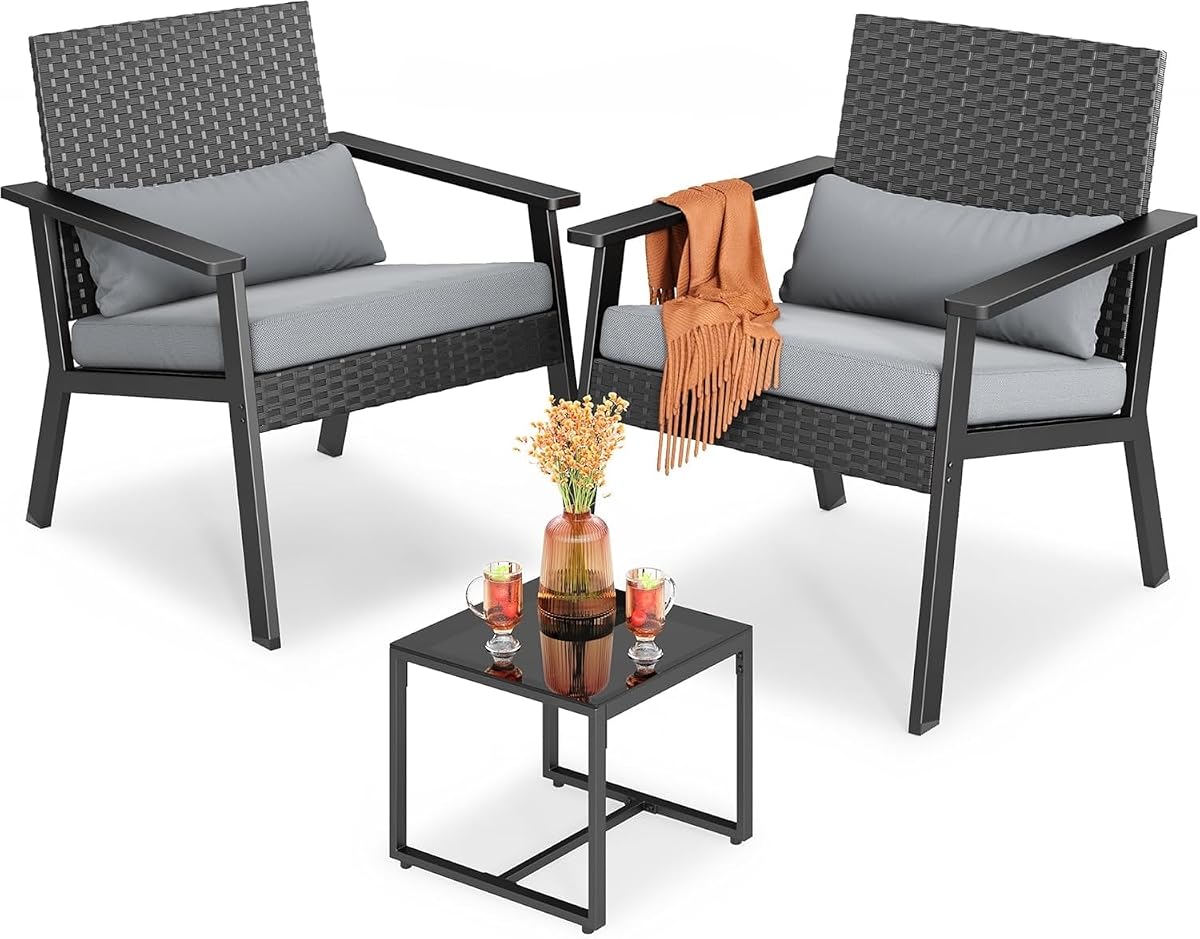 3-Piece Wicker Small Outdoor Patio Furniture Set with Glass Table for Balcony, Porch, and Garden (Gray)