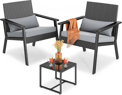 3-Piece Wicker Small Outdoor Patio Furniture Set with Glass Table for Balcony, Porch, and Garden (Gray)