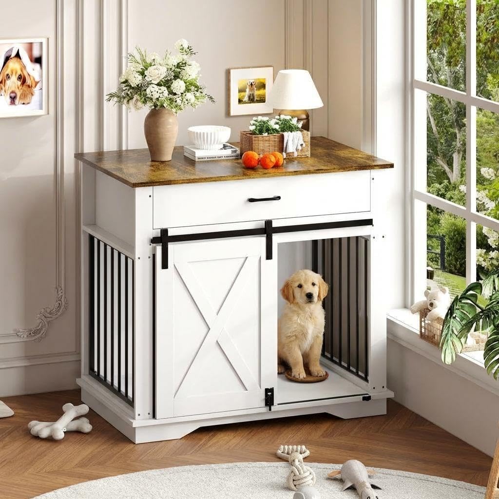 38" Dog Crate Furniture with Sliding Barn Door