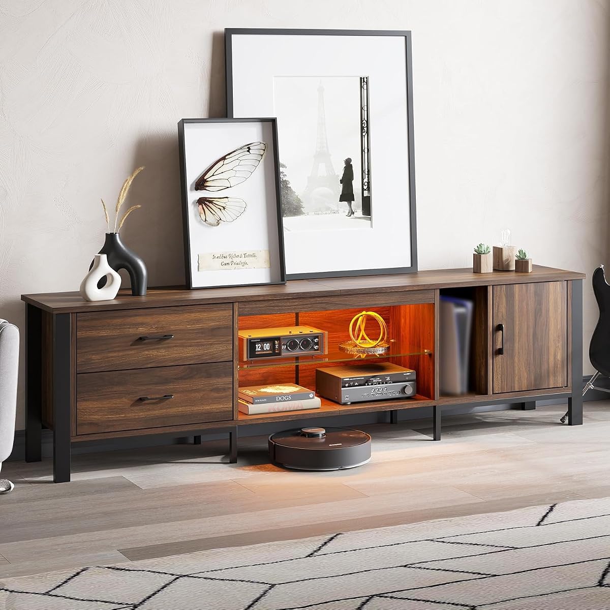 TV Stand for 75/80/85 inch TV, LED Gaming Entertainment Center, Modern TV Cabinet with Glass Shelves for Living Room, Media Console with 2 Storage Drawers & Cabinets for Bedroom, Walnut