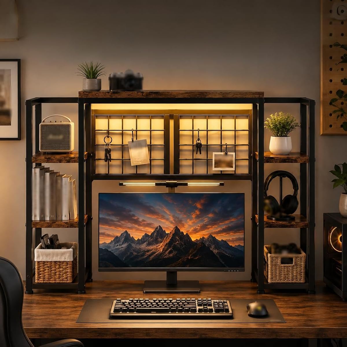 5-Tier LED Desk Hutch, Desk Shelf for Dorm Home Office, Rustic Brown