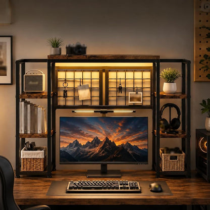 5-Tier LED Desk Hutch, Desk Shelf for Dorm Home Office, Rustic Brown