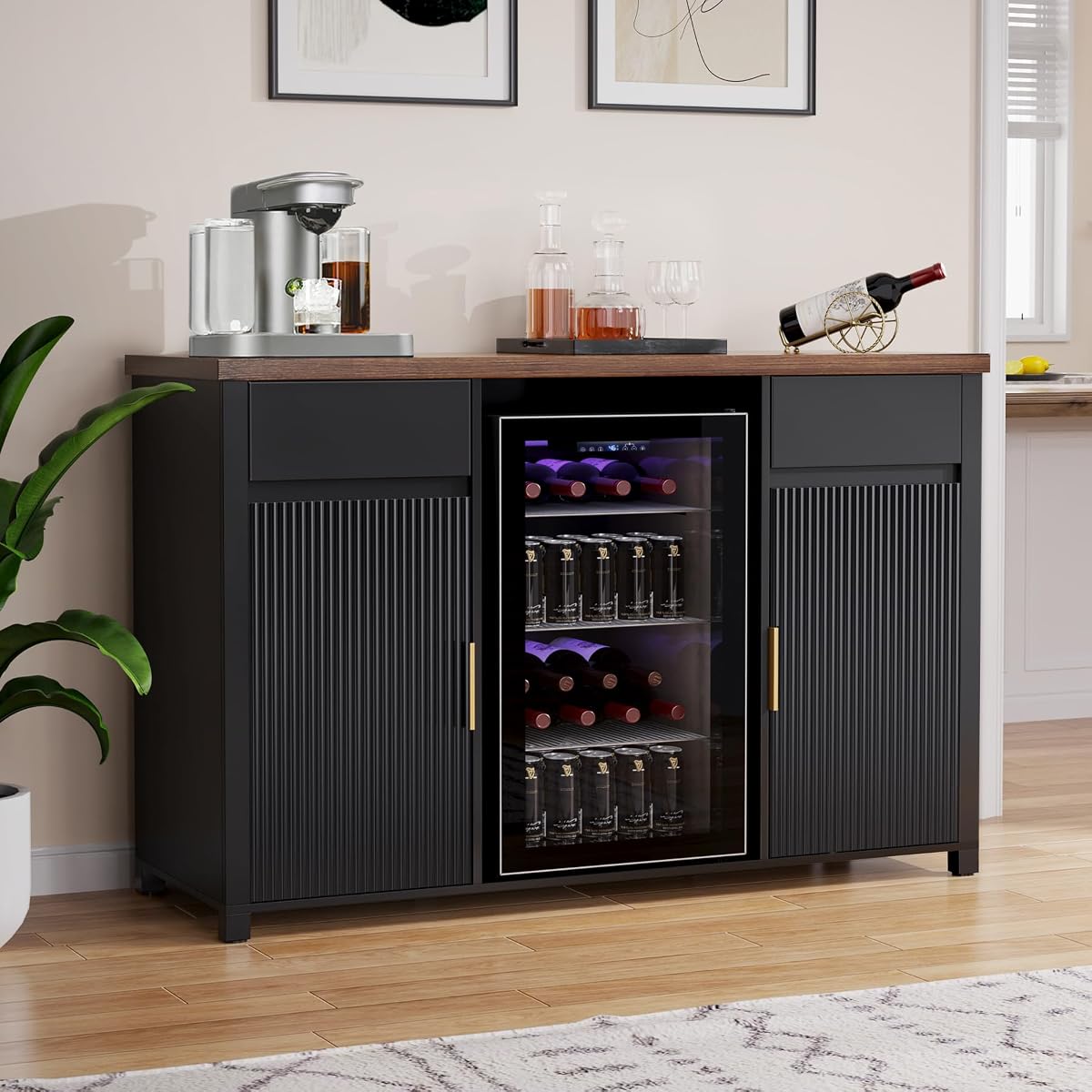 53.2" Coffee Bar Cabinet with Fridge Space,Fluted Sideboard,Black