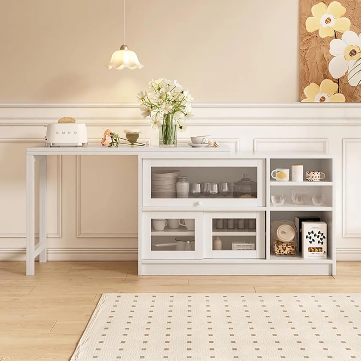 47" Large Buffet Sideboard Cabinet Extendable Wood Kitchen Storage Cabinet with 3 Doors, Foldable Dining Table with Extension Leaves, White (White)