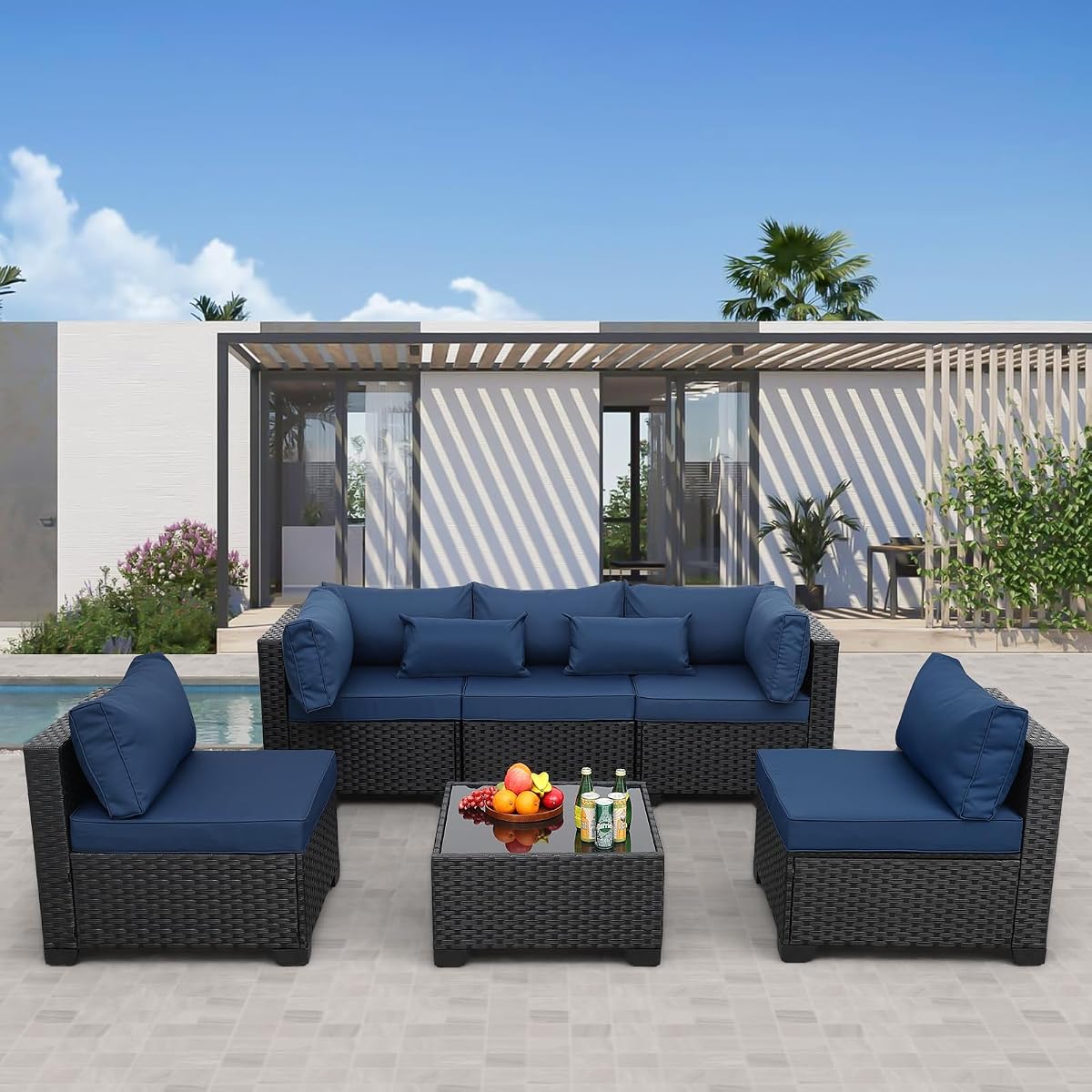 Patio Sectional 6 Pieces All-Weather Wicker Patio Furniture Set Outdoor Sectional with Glass Table Non-Slip Cushions and Waterproof Cover, Navy Blue