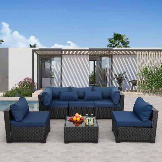 Patio Sectional 6 Pieces All-Weather Wicker Patio Furniture Set Outdoor Sectional with Glass Table Non-Slip Cushions and Waterproof Cover, Navy Blue