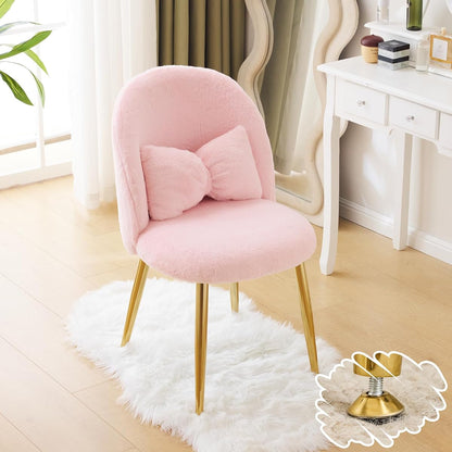 Fluffy Girls Vanity Chair with Back & Pillow,Cute Small Cozy Desk Chair No Wheels,Comfy Makeup Ch with Ajustable Gold Legs,for Bedroom,Living Room,Small Space,Pink