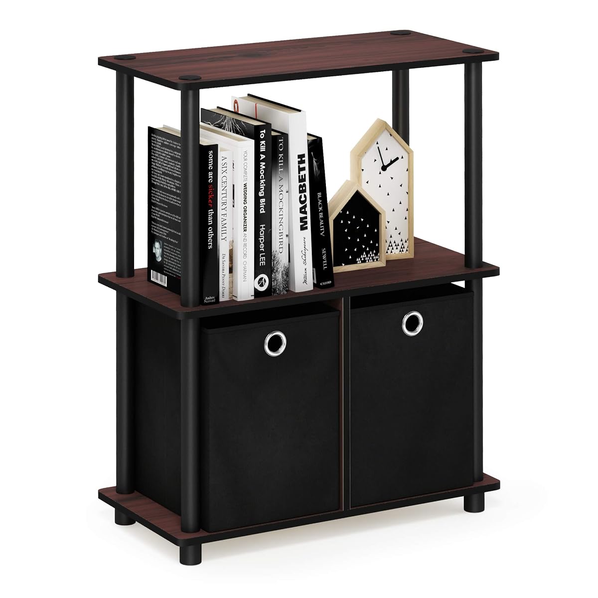 TURN-N-TUBE Storage Shelves, 3-Tier Toolless Book Shelf with Storage Bins, Display Shelf, for Organization and Storage, Living Room, Garage, Home Office, Dark Cherry