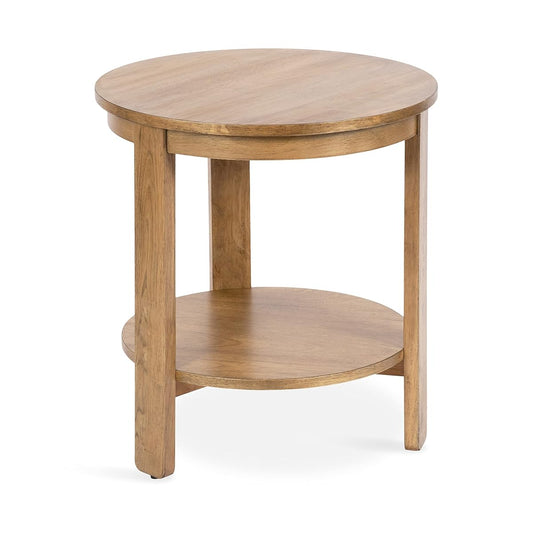 Foxford Tiered Round Side Table; 22 x 22 x 24; Natural Brown; Transitional Two-Tier Circle Nightstand Table with Storage and Resilient Wood Construction for Bedroom Decor