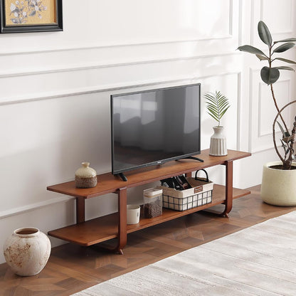 Low Bamboo TV Stand for Up to 65 Inch, Small Mid Century Modern Entertainment Center with 2-Tier Open Shelves, Walnut Media Console Table for Living Room, Bedroom