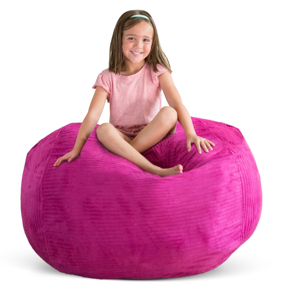 Stuff ’n Sit Large 33’’ Bean Bag Storage Cover for Stuffed Animals & Toys, Giant Beanbag Chair for Kids Ages 3-14, Bedroom Organizer, Hot Pink Corduroy