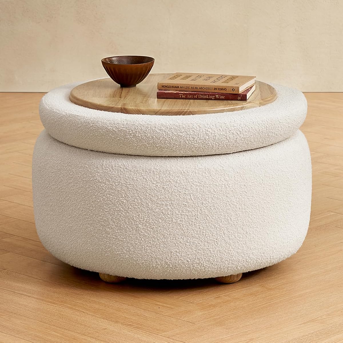 Luna Round Ottoman with Storage and Tray, Round Coffee Table with Storage, Upholstered Foot Stools Ottoman for Living Room, Bedroom, with Solid Rubberwood Legs (Pearl White Performance Boucle)