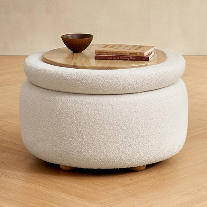 Luna Round Ottoman with Storage and Tray, Round Coffee Table with Storage, Upholstered Foot Stools Ottoman for Living Room, Bedroom, with Solid Rubberwood Legs (Pearl White Performance Boucle)