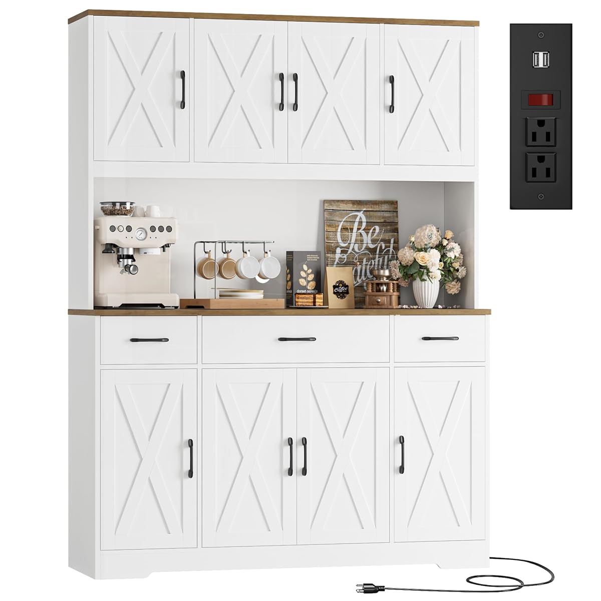 71" Tall Kitchen Pantry Storage Cabinet, 55" W Kitchen Hutch, White