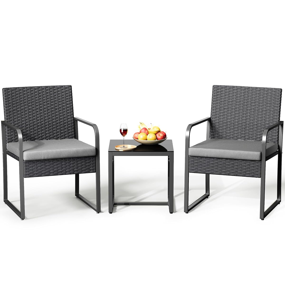 3 Piece Patio Bistro Set, Outdoor Black Wicker Furniture Sets, Modern Rattan Chair Conversation Sets with Coffee Table, for Yard, Garden, Balcony, Poolside, Cushion-Grey