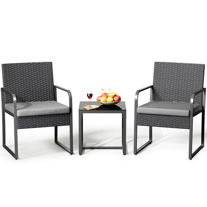 3 Piece Patio Bistro Set, Outdoor Black Wicker Furniture Sets, Modern Rattan Chair Conversation Sets with Coffee Table, for Yard, Garden, Balcony, Poolside, Cushion-Grey
