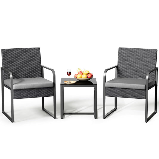 3 Piece Patio Bistro Set, Outdoor Black Wicker Furniture Sets, Modern Rattan Chair Conversation Sets with Coffee Table, for Yard, Garden, Balcony, Poolside, Cushion-Grey
