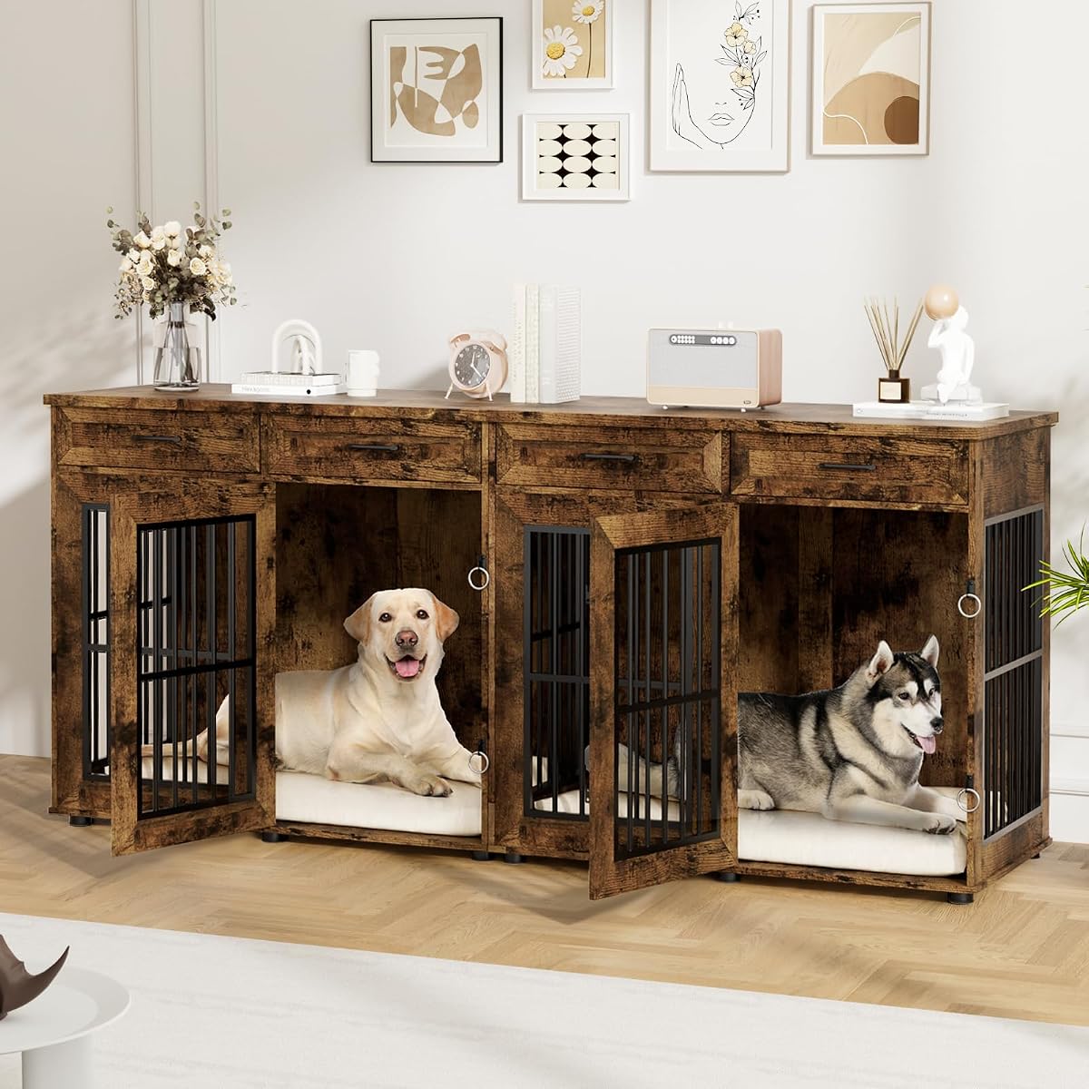 87" Dog Crate Furniture for 2 Dogs, Double Dog Cage Furniture, Brown