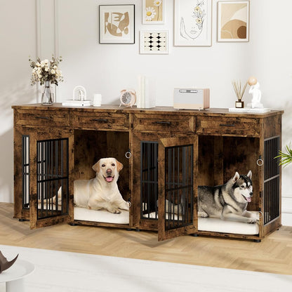 87" Dog Crate Furniture for 2 Dogs, Double Dog Cage Furniture, Brown