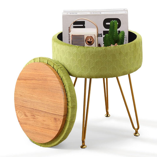 Velvet Storage Ottoman Round Footrest Stool Multifunctional Upholstered Ottoman Modern Accent Vanity Stools Tray Top Coffee Table Suitable for Living Room Bedroom Entryway Macha Green