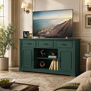 Mid Century Wood TV Stand with 3 Drawers for TV up to 65", Green, view 2